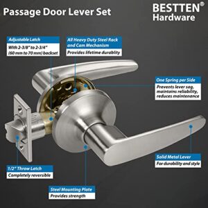 BESTTEN Passage Door Lever Lock Set with Removable Latch Plate, Roma Series, No Locking Door Handle for Hallway or Closet, Satin Nickel