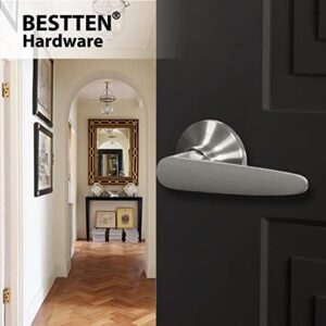 BESTTEN Passage Door Lever Lock Set with Removable Latch Plate, Roma Series, No Locking Door Handle for Hallway or Closet, Satin Nickel