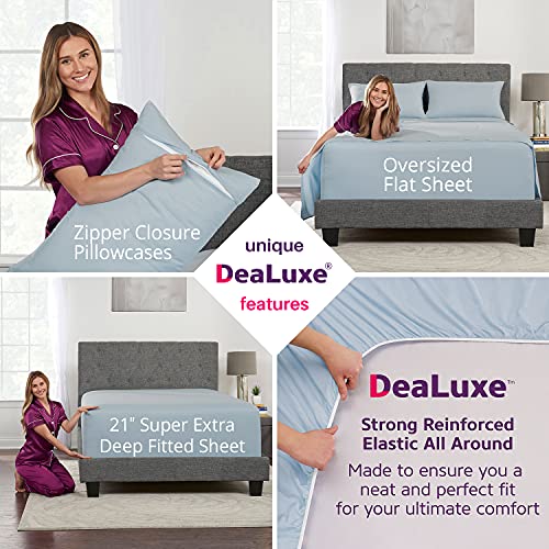 Extra Deep Pocket Queen Bed-Sheets – 4-Piece Includes: 18”-21” Inch Super Extra Deep Pocket Fitted Sheet – Oversize Flat Sheet – 2 Zipper Closure Pillowcases – Perfectly Fit – Queen Size – Light Blue