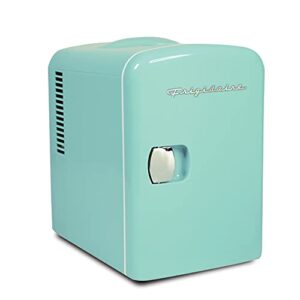frigidaire mini portable compact personal fridge cooler, 4 liter capacity chills six 12 oz cans, 100% freon-free & eco friendly, includes plugs for home outlet & 12v car charger - mint