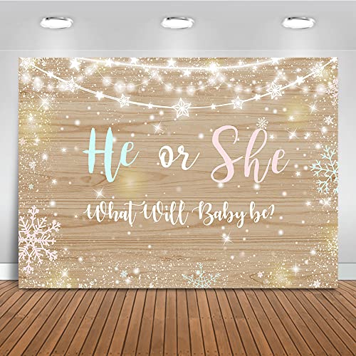 Avezano Winter Gender Reveal Backdrop, 7x5ft Vinyl Rustic Wood Snowflake Gender Reveal Party Decorations Twinkle Lights Gender Reveal Banner Photography Background