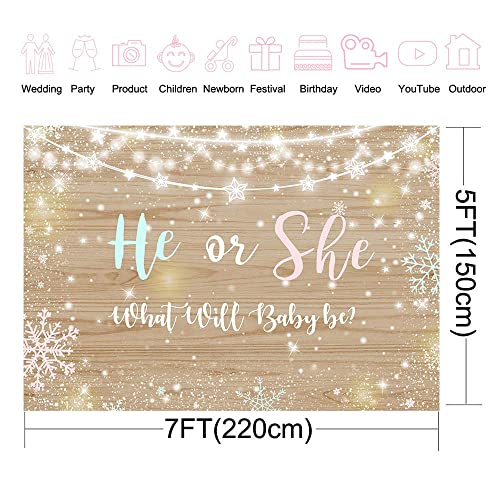 Avezano Winter Gender Reveal Backdrop, 7x5ft Vinyl Rustic Wood Snowflake Gender Reveal Party Decorations Twinkle Lights Gender Reveal Banner Photography Background