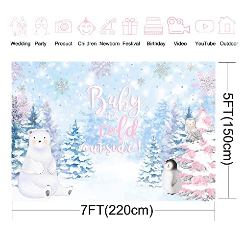 Avezano Winter Wonderland Baby Shower Backdrop 7x5ft Vinyl Baby It's Cold Outside Party Decorations Winter Snow Polar Bear and Penguin Baby Shower Banner Photography Background