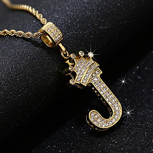UALGL A-Z Letters Necklace Crown Necklace for Men Women 18K Gold Plated Letters Pendants with 23'' Chain Hip Hop Alphabet Name Jewelry Mom Gifts (Yellow-J)