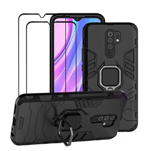 fadream for xiaomi redmi 9 case, rugged shockproof dual layer heavy duty protective kickstand cover with [2 pack] tempered glass screen protector (black)