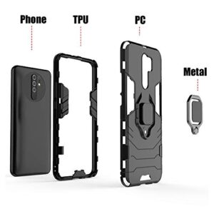 FaDream for Xiaomi Redmi 9 Case, Rugged Shockproof Dual Layer Heavy Duty Protective Kickstand Cover with [2 Pack] Tempered Glass Screen Protector (Black)