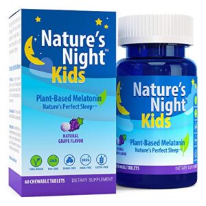 nature's night kids | plant based melatonin 1mg | natural grape flavor | 60 chewable tablets | gluten free | non-gmo | drug free | vegan | 100% natural |
