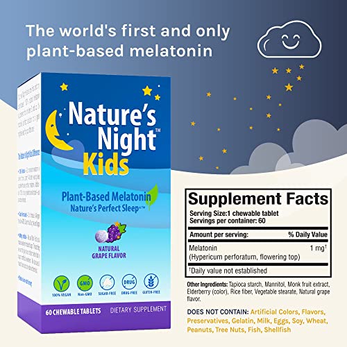 Nature's Night Kids | Plant Based Melatonin 1MG | Natural Grape Flavor | 60 Chewable Tablets | Gluten Free | Non-GMO | Drug Free | Vegan | 100% Natural |