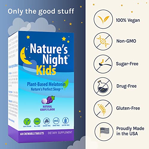 Nature's Night Kids | Plant Based Melatonin 1MG | Natural Grape Flavor | 60 Chewable Tablets | Gluten Free | Non-GMO | Drug Free | Vegan | 100% Natural |