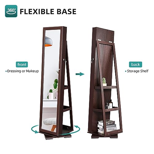 YITAHOME 360° Rotating Jewelry Cabinet Armoire 3-in-1 Jewelry Organizer Free Standing with Higher Full Length Mirror,Inside Makeup Mirror,Rear Storage Shelves, Walnut