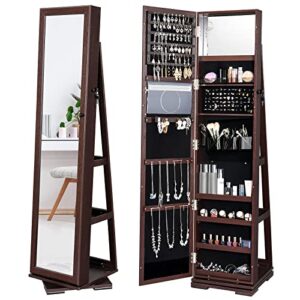 yitahome 360° rotating jewelry cabinet armoire 3-in-1 jewelry organizer free standing with higher full length mirror,inside makeup mirror,rear storage shelves, walnut