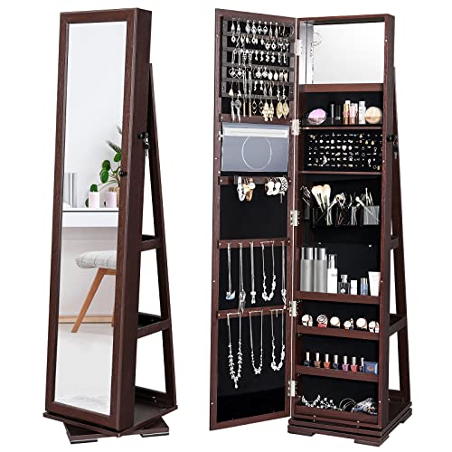 YITAHOME 360° Rotating Jewelry Cabinet Armoire 3-in-1 Jewelry Organizer Free Standing with Higher Full Length Mirror,Inside Makeup Mirror,Rear Storage Shelves, Walnut