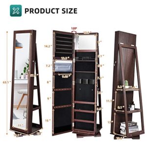 YITAHOME 360° Rotating Jewelry Cabinet Armoire 3-in-1 Jewelry Organizer Free Standing with Higher Full Length Mirror,Inside Makeup Mirror,Rear Storage Shelves, Walnut