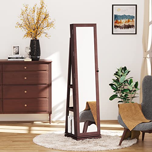 YITAHOME 360° Rotating Jewelry Cabinet Armoire 3-in-1 Jewelry Organizer Free Standing with Higher Full Length Mirror,Inside Makeup Mirror,Rear Storage Shelves, Walnut