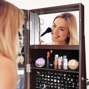 YITAHOME 360° Rotating Jewelry Cabinet Armoire 3-in-1 Jewelry Organizer Free Standing with Higher Full Length Mirror,Inside Makeup Mirror,Rear Storage Shelves, Walnut