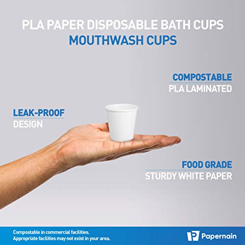 Papernain [2 oz, 50-Count, PLA White] Compostable Paper Disposable Bath Cups, Mouthwash Cups, Bathroom Cups
