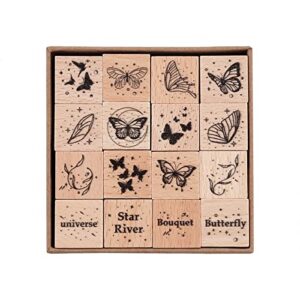 risypisy 16pcs vintage wooden rubber stamps, butterfly & wings decorative rubber stamp for diy crafts, card making, journals, calendar, photo album