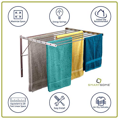 Smartsome | Wall Mounted | Clothes Drying Rack| 22" Wide |15 Linear Feet Capacity | 8 Smooth Round Stainless Steel Rods | 60 lb Capacity | Fully Assembled | Compact Sturdy Space-Saving Design