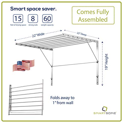 Smartsome | Wall Mounted | Clothes Drying Rack| 22" Wide |15 Linear Feet Capacity | 8 Smooth Round Stainless Steel Rods | 60 lb Capacity | Fully Assembled | Compact Sturdy Space-Saving Design