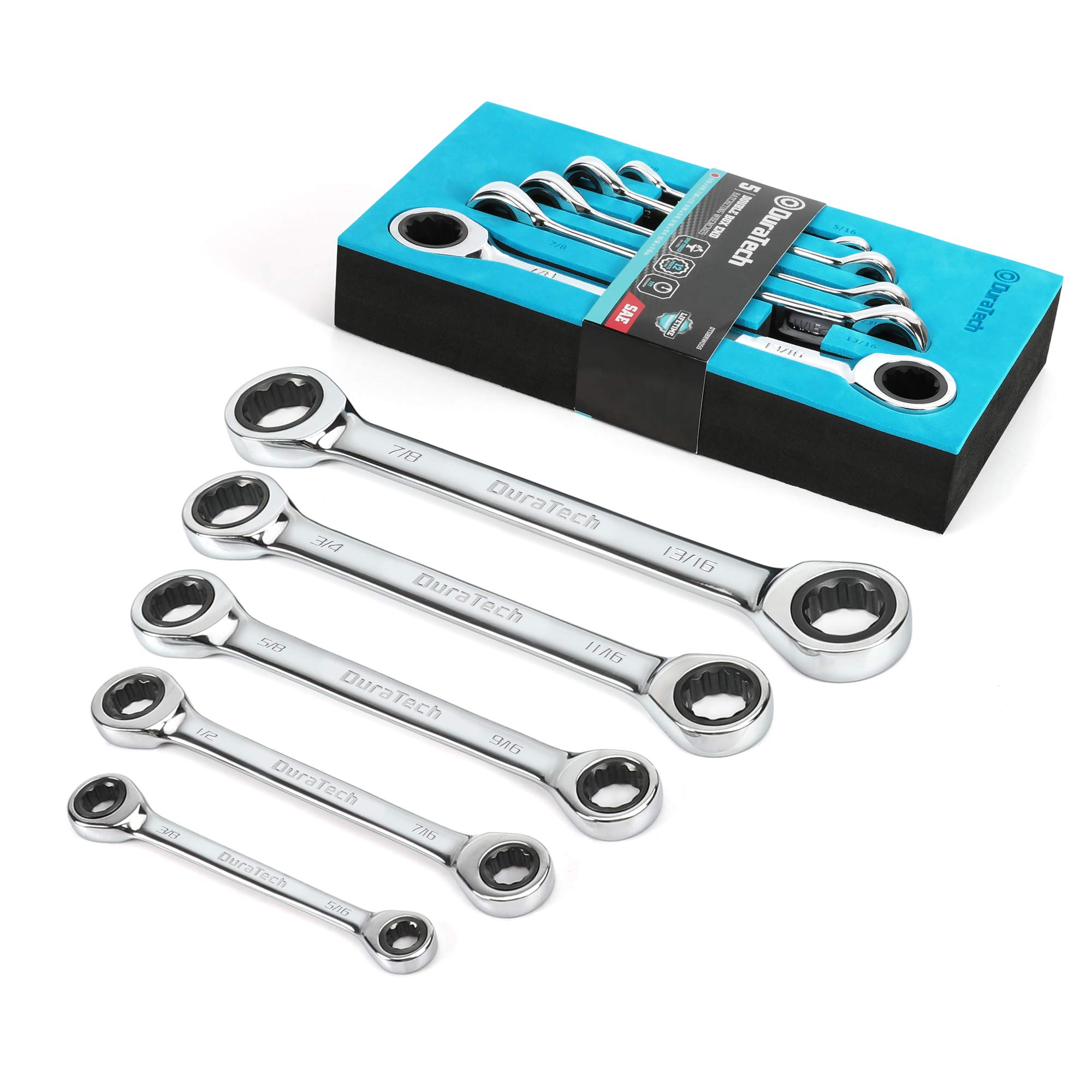 DURATECH Double Box End Ratcheting Wrench Set, SAE, 5-Piece, 5/16" to 7/8", CR-V Steel, with EVA Foam Tool Organizer