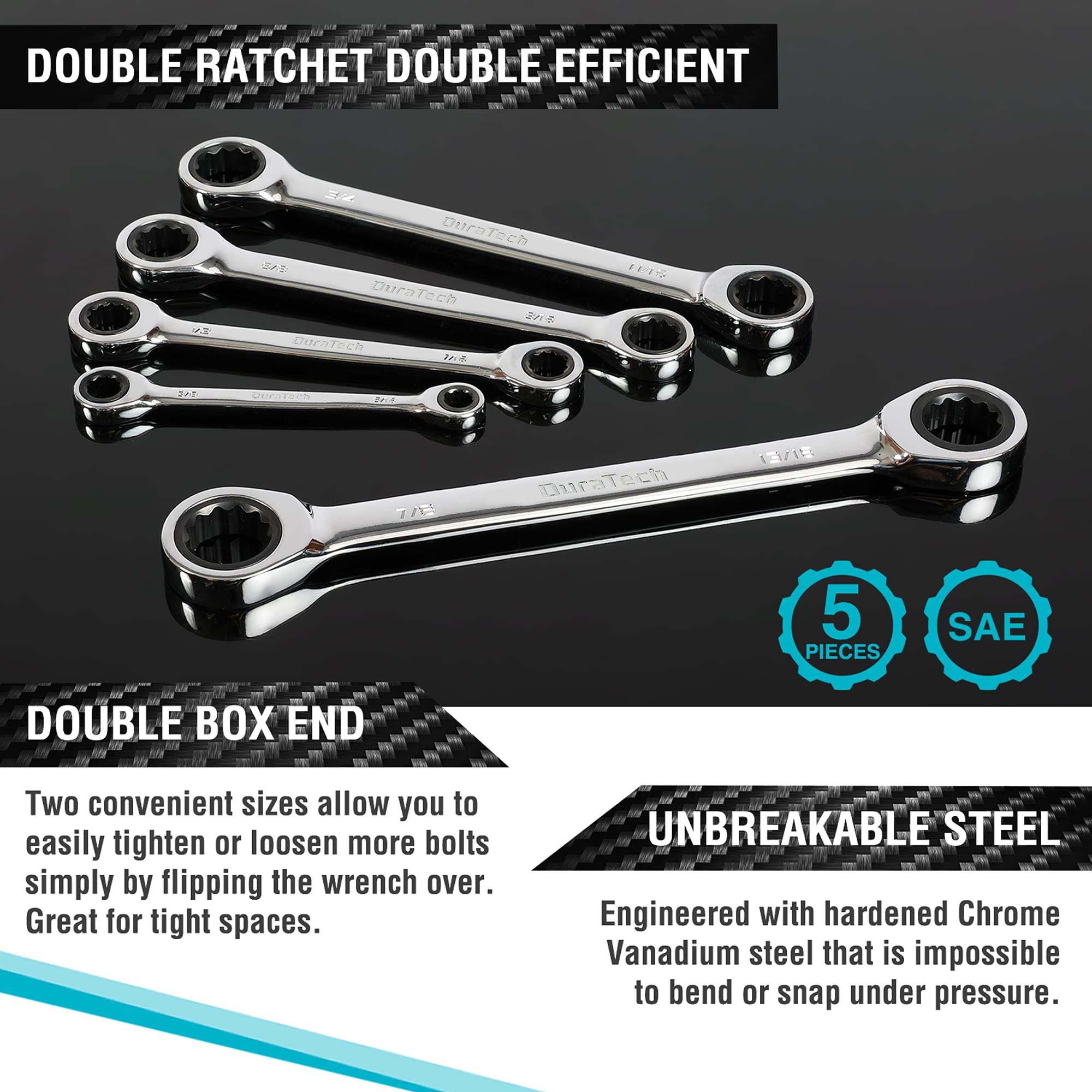 DURATECH Double Box End Ratcheting Wrench Set, SAE, 5-Piece, 5/16" to 7/8", CR-V Steel, with EVA Foam Tool Organizer