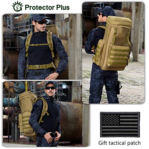 Protector Plus Tactical Hiking Daypack 70-85L Military MOLLE Assault Backpack Army Traveling Camping Pack Bug Out Bag Outdoor Rucksack (Rain Cover & Patch Included),Brown