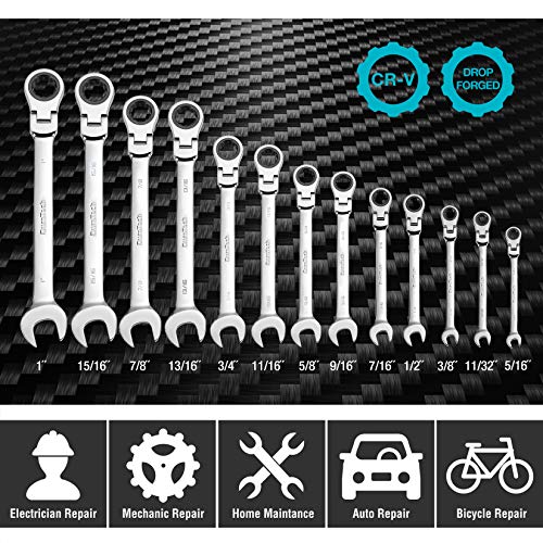 DURATECH Flex-Head Ratcheting Combination Wrench Set, SAE, 13-piece, 5/16'' to 1'', CR-V Steel, with Rolling Pouch