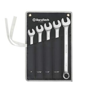 duratech long pattern combination wrench set, sae, 5-piece, 1" to 1-1/4", 12 point, cr-v steel, with rolling pouch