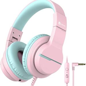 iClever HS19 Kids Headphones with Microphone for School, Volume Limiter 85/94dB, Over-Ear Girls Boys Headphones for Kids with Shareport, Foldable Wired Headphones for iPad/Travel (Pink)