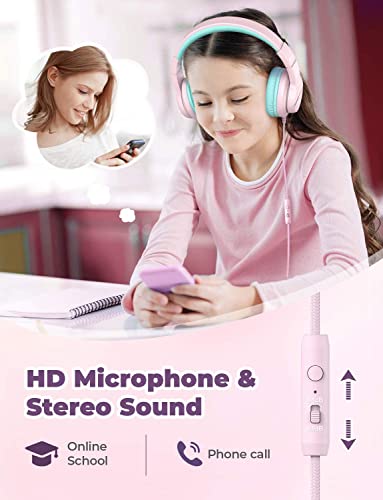 iClever HS19 Kids Headphones with Microphone for School, Volume Limiter 85/94dB, Over-Ear Girls Boys Headphones for Kids with Shareport, Foldable Wired Headphones for iPad/Travel (Pink)