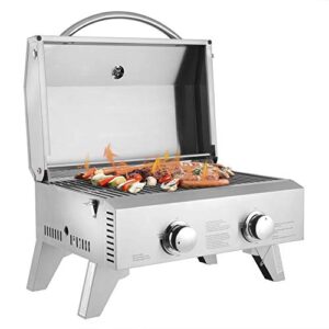 propane tabletop grill, two-burner, stainless steel gas grill portable 2000 btu bbq grid with foldable legs for outdoor camping picnic easy setup