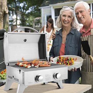 Propane Tabletop Grill, Two-Burner, Stainless Steel Gas Grill Portable 2000 BTU BBQ Grid with Foldable Legs for Outdoor Camping Picnic EASY SETUP