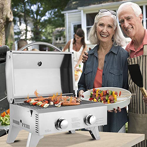 Propane Tabletop Grill, Two-Burner, Stainless Steel Gas Grill Portable 2000 BTU BBQ Grid with Foldable Legs for Outdoor Camping Picnic EASY SETUP