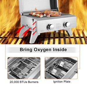 Propane Tabletop Grill, Two-Burner, Stainless Steel Gas Grill Portable 2000 BTU BBQ Grid with Foldable Legs for Outdoor Camping Picnic EASY SETUP