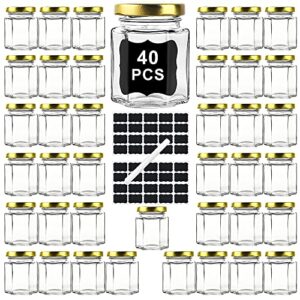 40 pack small glass honey jars with lids for wedding favor, baby showers, 3 oz airtight glass canning jars with lids, hexagonal glass jars for spice, candy, jam, waterproof stickers
