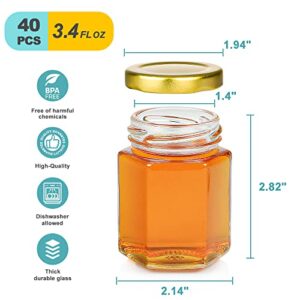 40 Pack Small Glass Honey Jars with Lids for Wedding Favor, Baby Showers, 3 Oz Airtight Glass Canning Jars with Lids, Hexagonal Glass Jars for Spice, Candy, Jam, Waterproof Stickers