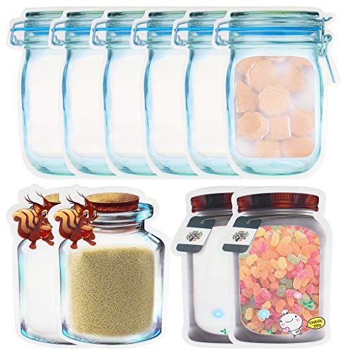 KELYDI Reusable Ziplock Bags, 10 Packs Mason Jar Zipper Bags Portable Leak-proof Plastic Food Storage Pouch Bag for Snack Sandwich Nuts Biscuits Travel Picnic Camping