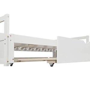 Merax Wooden Daybed Extendable Bed with Trundle, Sofa Bed for Bedroom Living Room, Can be Expanded from Twin Size to King Size (White)