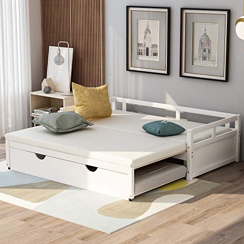 Merax Wooden Daybed Extendable Bed with Trundle, Sofa Bed for Bedroom Living Room, Can be Expanded from Twin Size to King Size (White)