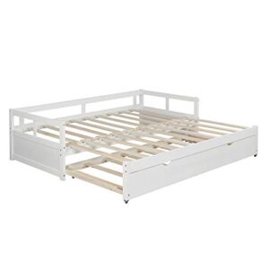 Merax Wooden Daybed Extendable Bed with Trundle, Sofa Bed for Bedroom Living Room, Can be Expanded from Twin Size to King Size (White)