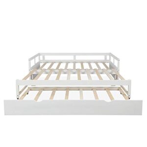 Merax Wooden Daybed Extendable Bed with Trundle, Sofa Bed for Bedroom Living Room, Can be Expanded from Twin Size to King Size (White)