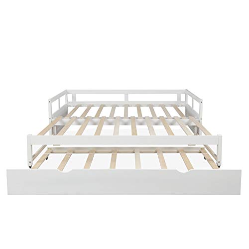 Merax Wooden Daybed Extendable Bed with Trundle, Sofa Bed for Bedroom Living Room, Can be Expanded from Twin Size to King Size (White)