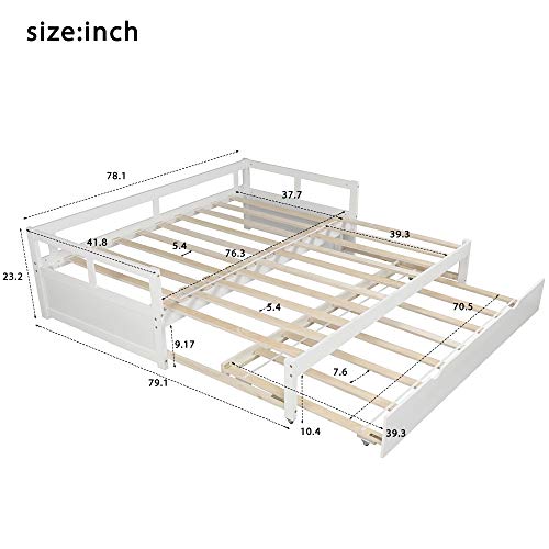 Merax Wooden Daybed Extendable Bed with Trundle, Sofa Bed for Bedroom Living Room, Can be Expanded from Twin Size to King Size (White)