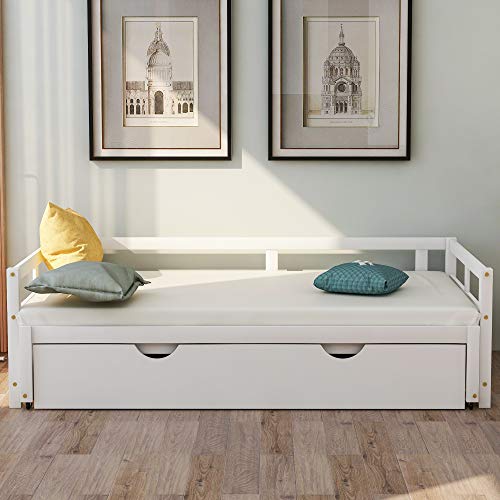 Merax Wooden Daybed Extendable Bed with Trundle, Sofa Bed for Bedroom Living Room, Can be Expanded from Twin Size to King Size (White)