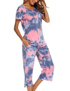 enjoynight women's tie dye printed pajama sets sleepwear top with capri pants lounge sets with pocket(x-large, blue pink)