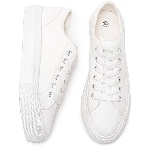 Women's Platform White Sneakers Low Top Canvas Sneakers Lace-up Shoes Fashion Classic Casual Sneakers(White, US11)