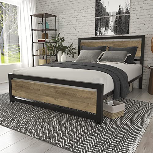 SHA CERLIN Full Size Metal Platform Bed Frame with Wooden Headboard/Heavy Duty Bed Frame with 13 Strong Slats Support/No Box Spring Needed, Brown