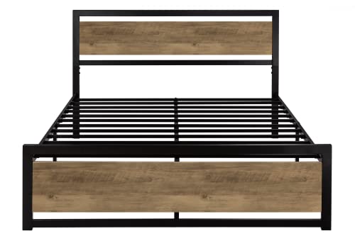 SHA CERLIN Full Size Metal Platform Bed Frame with Wooden Headboard/Heavy Duty Bed Frame with 13 Strong Slats Support/No Box Spring Needed, Brown