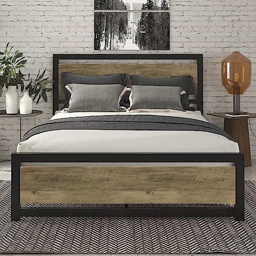 SHA CERLIN Full Size Metal Platform Bed Frame with Wooden Headboard/Heavy Duty Bed Frame with 13 Strong Slats Support/No Box Spring Needed, Brown