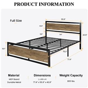 SHA CERLIN Full Size Metal Platform Bed Frame with Wooden Headboard/Heavy Duty Bed Frame with 13 Strong Slats Support/No Box Spring Needed, Brown